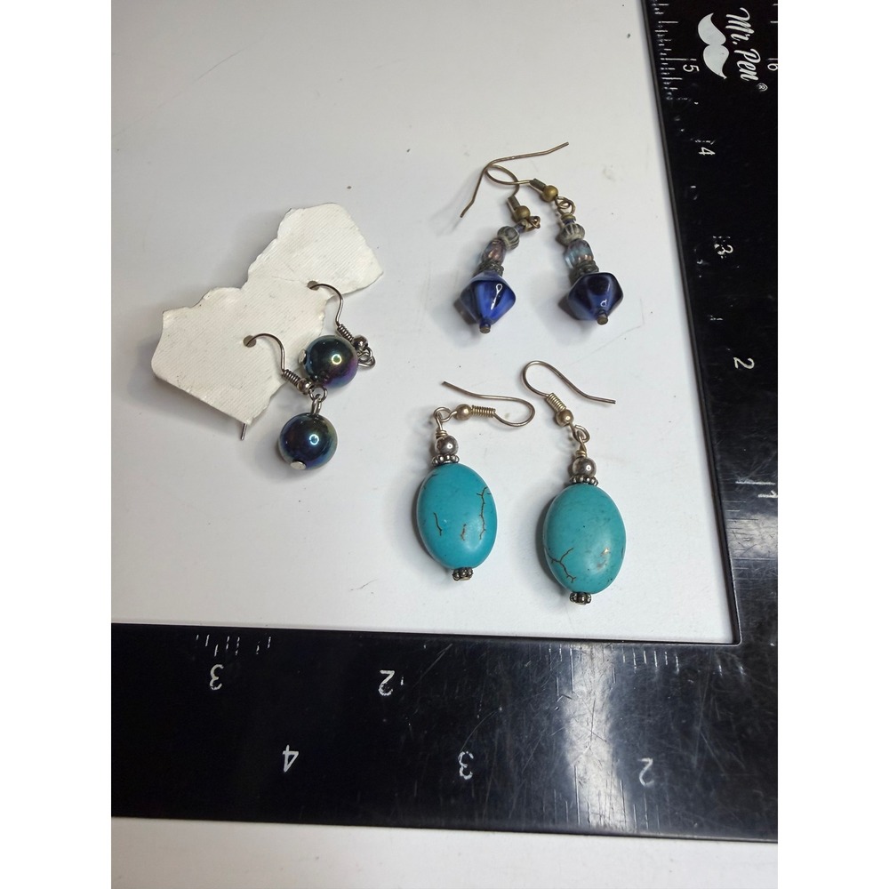 Lot of 3 Pairs Dangle Earrings Turquoise Style Iridescent Blue Glass Beads